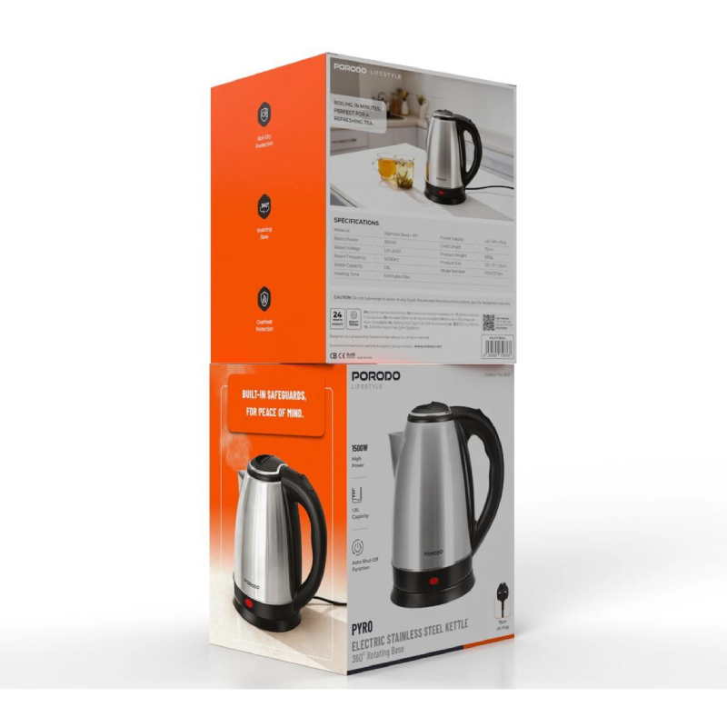 Porodo PYRO Electric Stainless Steel Kettle - 1500W / 1.8L / 0.75 Meter / Silver