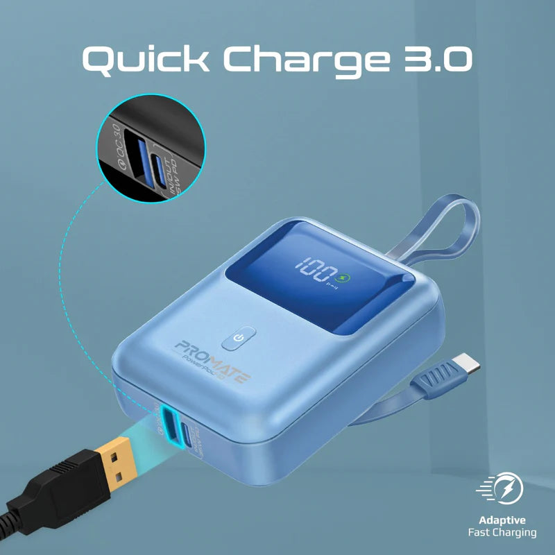 PROMATE PowerPod-10 Ultra Compact Power Bank with Built-In USB-C Cable - 35W / USB-C / USB-A / Blue