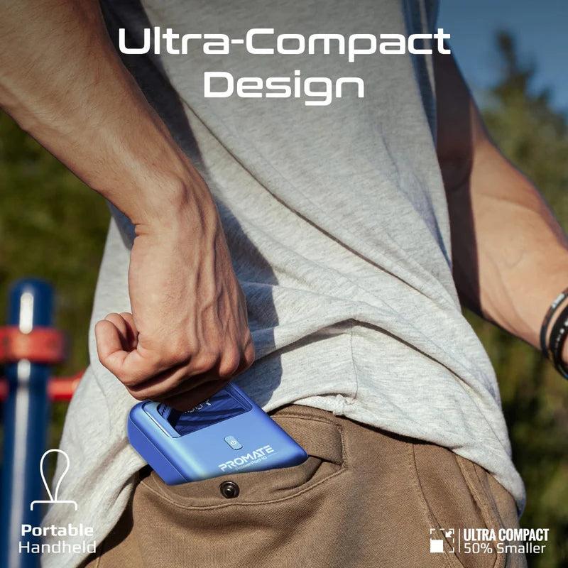PROMATE PowerPod-10 Ultra Compact Power Bank with Built-In USB-C Cable - 35W / USB-C / USB-A / Blue