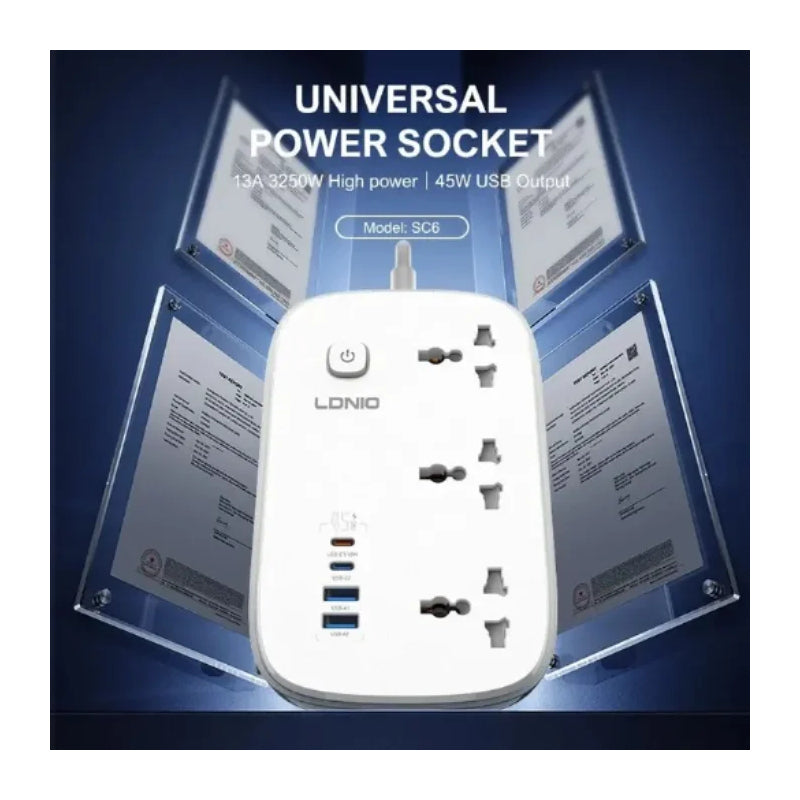 LDNIO SC6 Power Strip Extension Cord Power Socket - 3 Way / USB-C / USB-A / White
