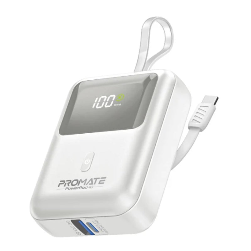 PROMATE PowerPod-10 Ultra Compact Power Bank with Built-In USB-C Cable - 35W / USB-C / USB-A / White