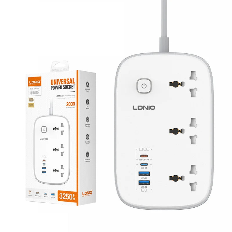 LDNIO SC6 Power Strip Extension Cord Power Socket - 3 Way / USB-C / USB-A / White