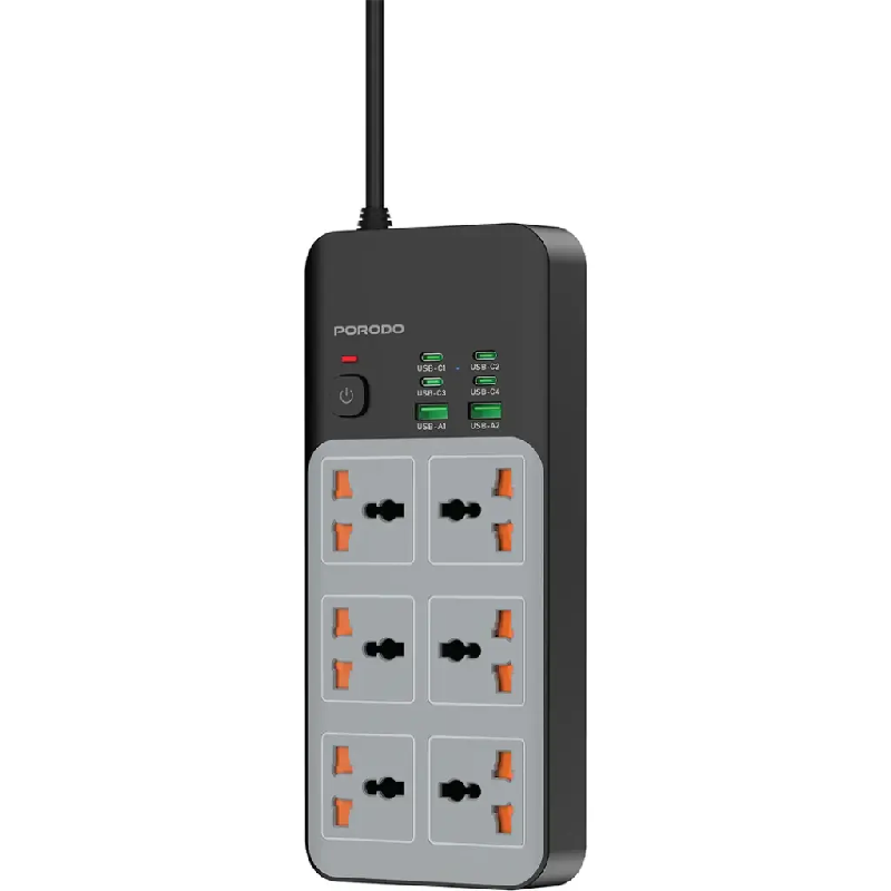 Porodo Universal Power Strip with 6 USB Ports/3000W/4C+2A - Gray