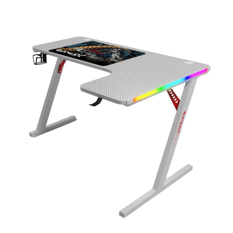 طاولة ألعاب جاماكس P202-RW RGB من ألياف الكربون مع وسادة ماوس، بشكل حرف L جهة اليمين، باللون الأبيض