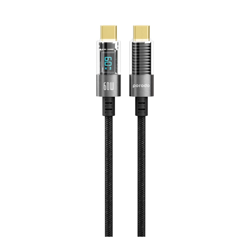 Porodo Braided Cable with PD Display - 60W / USB-C / 1.2 Meter / Black