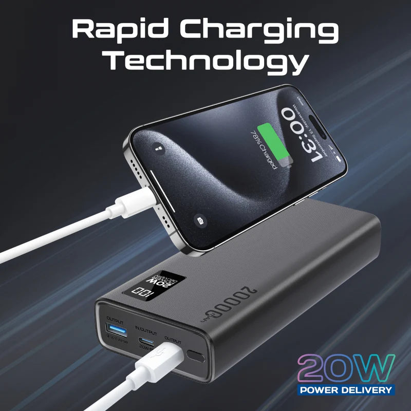 PROMATE Bolt-20PD Compact Smart Charging Power Bank - 20W / USB-C / USB-A / Black