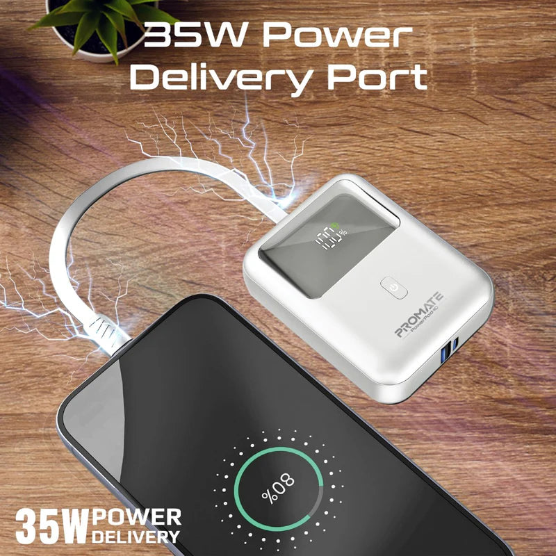 PROMATE PowerPod-10 Ultra Compact Power Bank with Built-In USB-C Cable - 35W / USB-C / USB-A / White