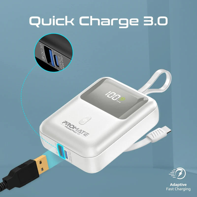 PROMATE PowerPod-10 Ultra Compact Power Bank with Built-In USB-C Cable - 35W / USB-C / USB-A / White