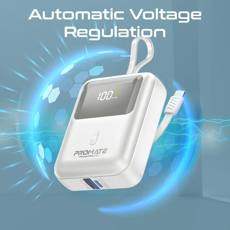 PROMATE PowerPod-10 Ultra Compact Power Bank with Built-In USB-C Cable - 35W / USB-C / USB-A / White