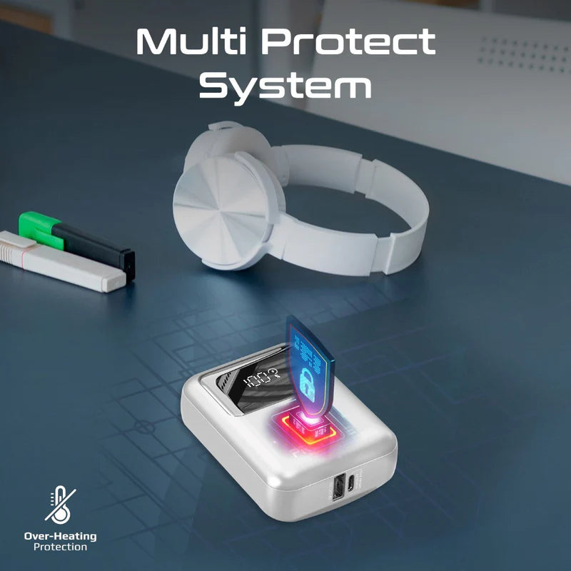 PROMATE PowerPod-10 Ultra Compact Power Bank with Built-In USB-C Cable - 35W / USB-C / USB-A / White