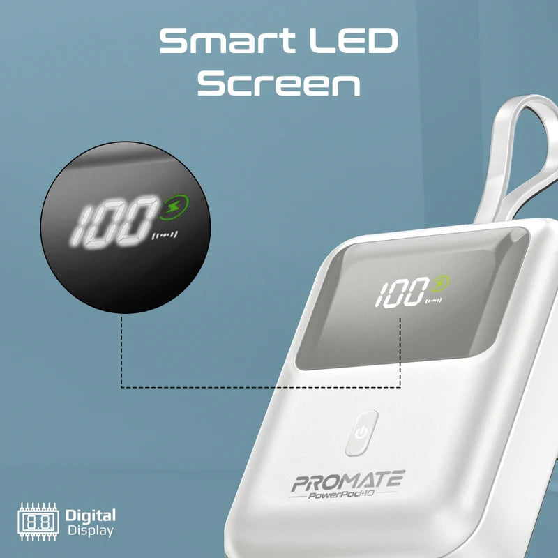 PROMATE PowerPod-10 Ultra Compact Power Bank with Built-In USB-C Cable - 35W / USB-C / USB-A / White