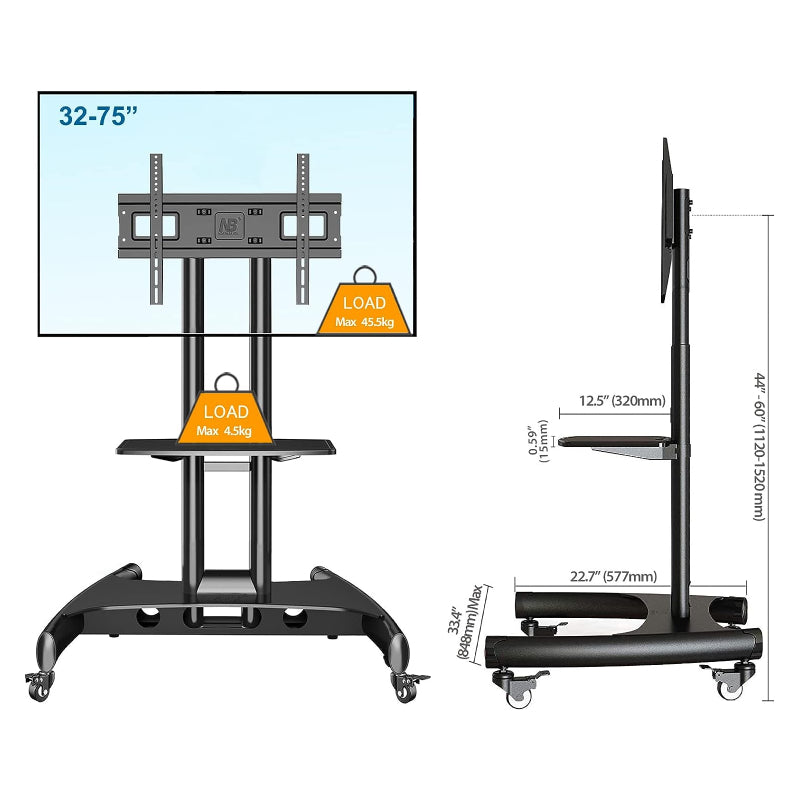 NORTH BAYOU Mobile TV Cart Stand with Wheels - 32” – 75” Screens