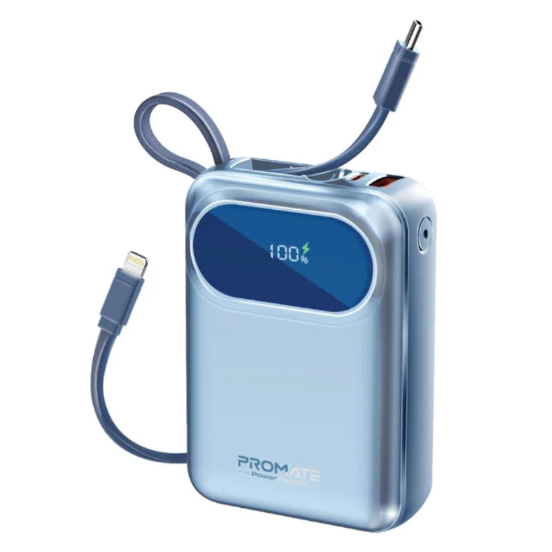 PROMATE PowerPod-20 Ultra Compact Power Bank with Built-In USB-C & Lightning Cable - 35W / USB-C / USB-A / Blue
