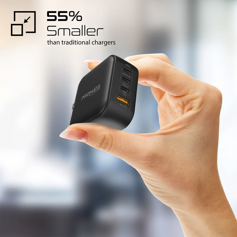 PROMATE GaNPort4-100PD Power Delivery GaNFast Charger - 100W / USB-C / USB-A / Black