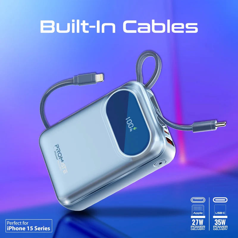 PROMATE PowerPod-20 Ultra Compact Power Bank with Built-In USB-C & Lightning Cable - 35W / USB-C / USB-A / Blue