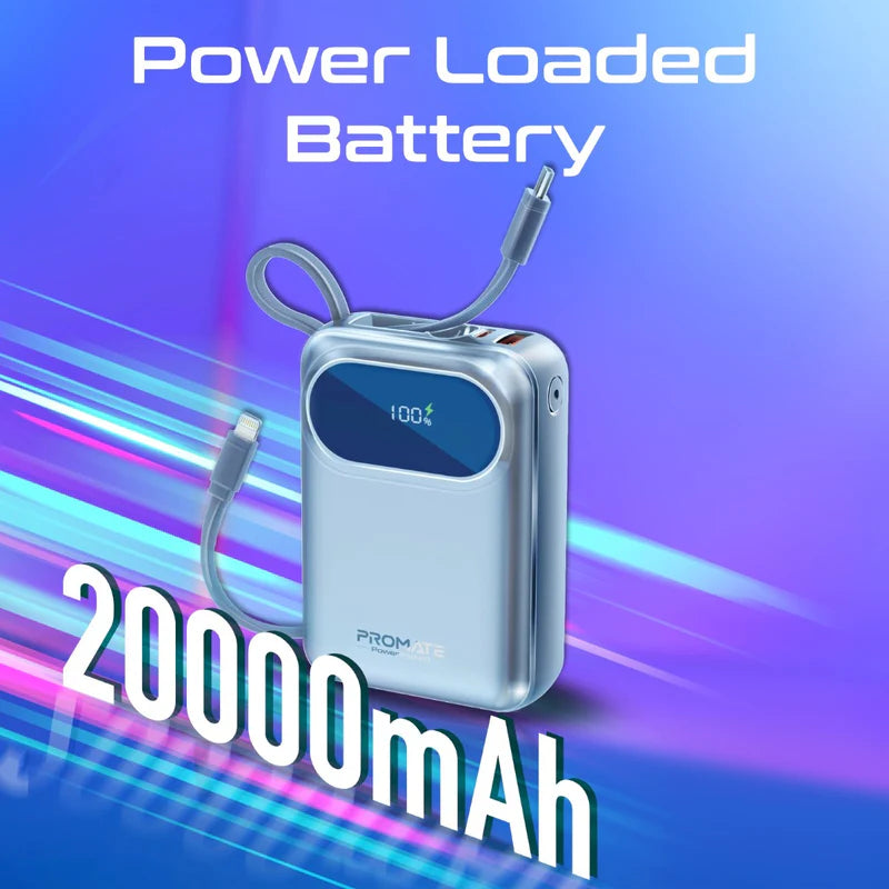 PROMATE PowerPod-20 Ultra Compact Power Bank with Built-In USB-C & Lightning Cable - 35W / USB-C / USB-A / Blue