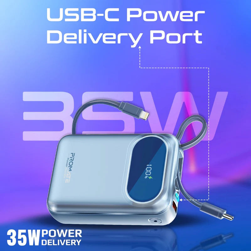 PROMATE PowerPod-20 Ultra Compact Power Bank with Built-In USB-C & Lightning Cable - 35W / USB-C / USB-A / Blue
