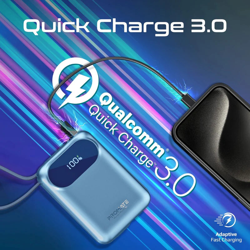 PROMATE PowerPod-20 Ultra Compact Power Bank with Built-In USB-C & Lightning Cable - 35W / USB-C / USB-A / Blue