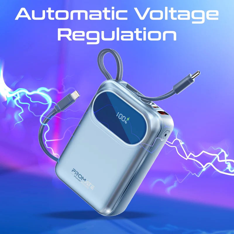 PROMATE PowerPod-20 Ultra Compact Power Bank with Built-In USB-C & Lightning Cable - 35W / USB-C / USB-A / Blue