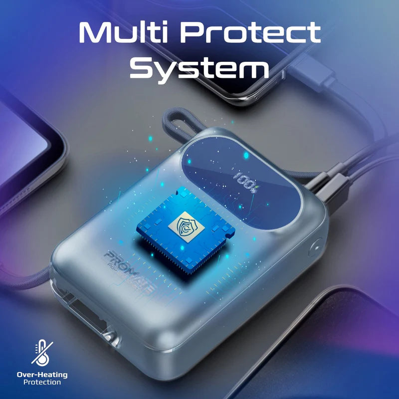 PROMATE PowerPod-20 Ultra Compact Power Bank with Built-In USB-C & Lightning Cable - 35W / USB-C / USB-A / Blue