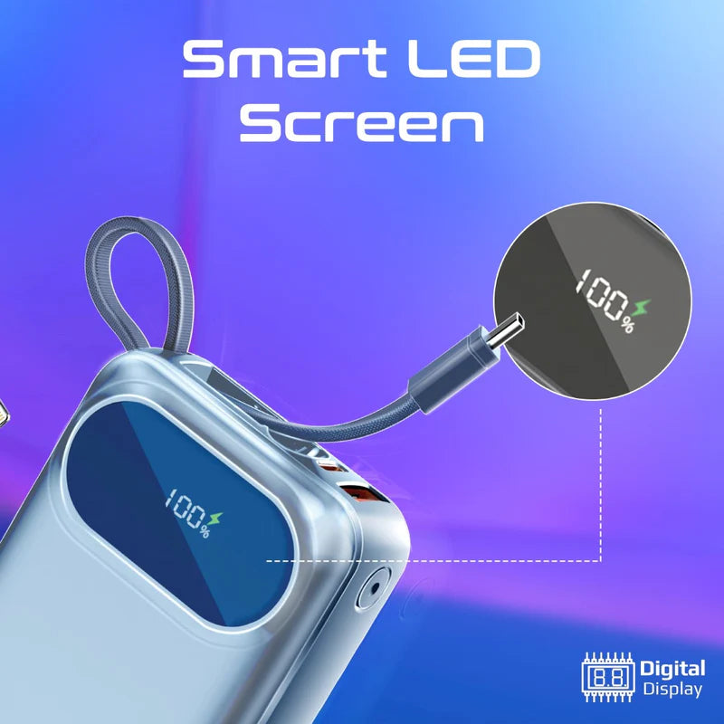 PROMATE PowerPod-20 Ultra Compact Power Bank with Built-In USB-C & Lightning Cable - 35W / USB-C / USB-A / Blue