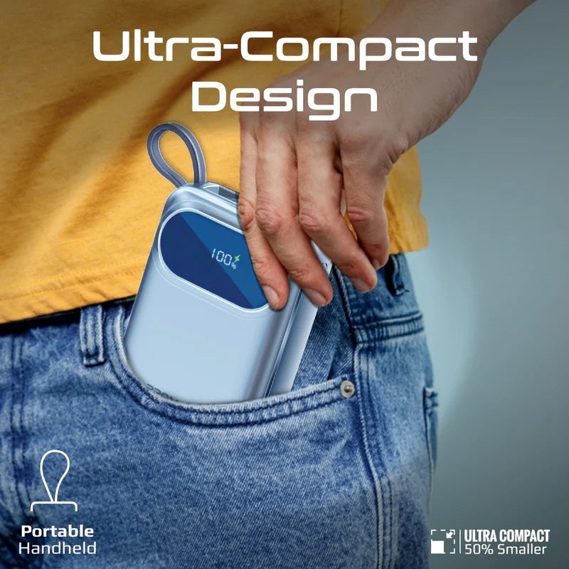 PROMATE PowerPod-20 Ultra Compact Power Bank with Built-In USB-C & Lightning Cable - 35W / USB-C / USB-A / Blue