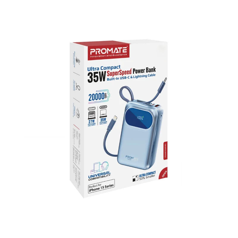 PROMATE PowerPod-20 Ultra Compact Power Bank with Built-In USB-C & Lightning Cable - 35W / USB-C / USB-A / Blue