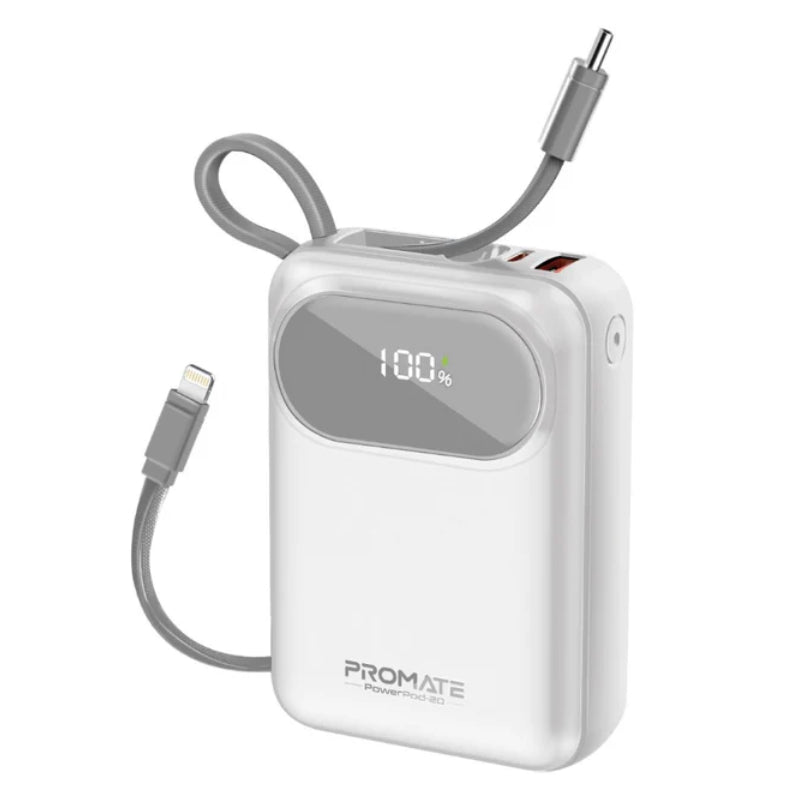 PROMATE PowerPod-20 Ultra Compact Power Bank with Built-In USB-C & Lightning Cable - 35W / USB-C / USB-A / White