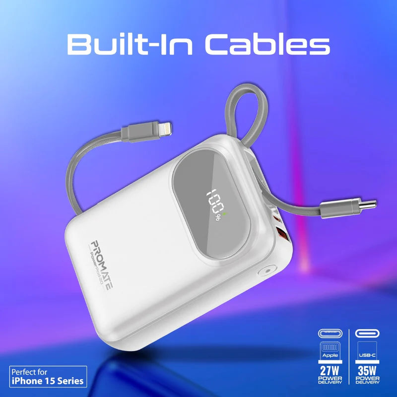PROMATE PowerPod-20 Ultra Compact Power Bank with Built-In USB-C & Lightning Cable - 35W / USB-C / USB-A / White