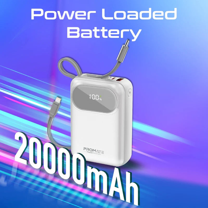 PROMATE PowerPod-20 Ultra Compact Power Bank with Built-In USB-C & Lightning Cable - 35W / USB-C / USB-A / White