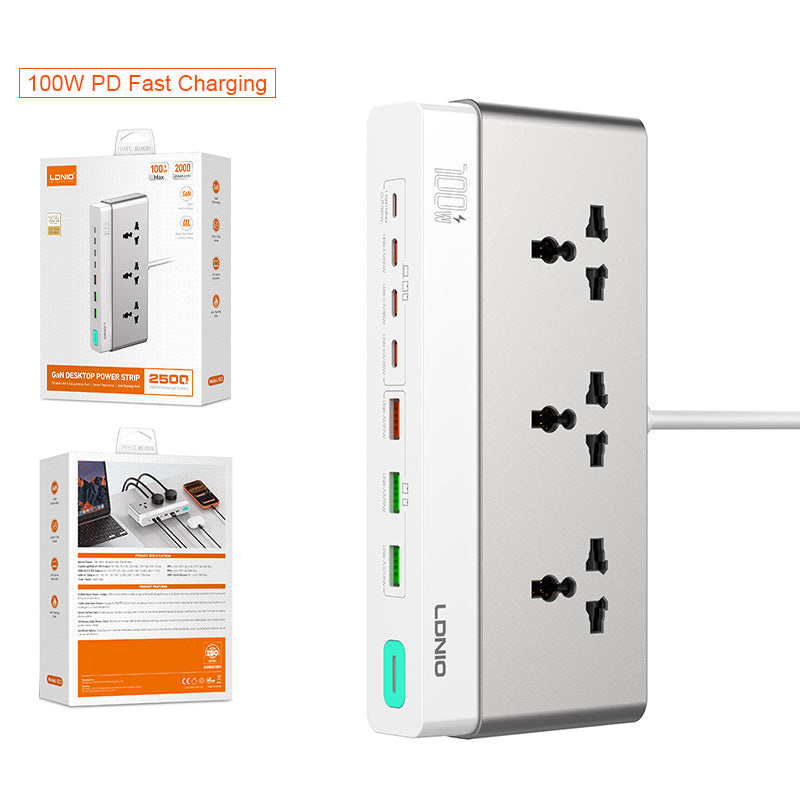 LDNIO SC3 Extension Sockets - 3 Way / 2 Meters / USB-A / USB-C / Lightning / Grey