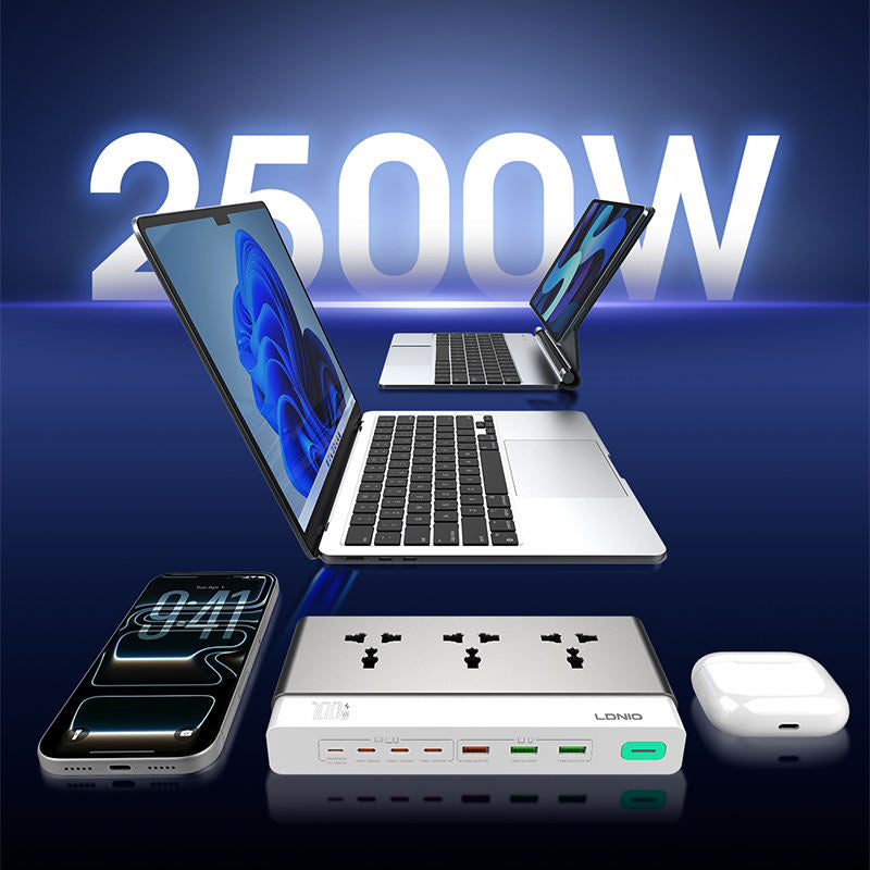 LDNIO SC3 Extension Sockets - 3 Way / 2 Meters / USB-A / USB-C / Lightning / Grey