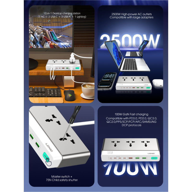 LDNIO SC3 Extension Sockets - 3 Way / 2 Meters / USB-A / USB-C / Lightning / Grey