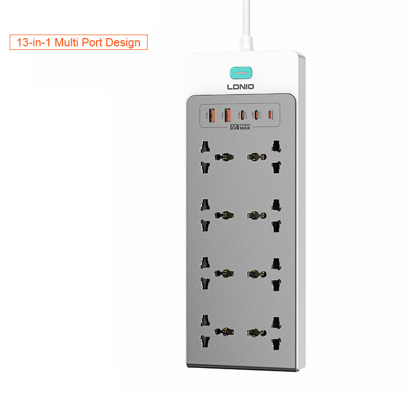LDNIO SC4 Extension Sockets - 8 Way / 2 Meters / USB-A / USB-C / Lightning / Grey