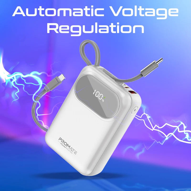 PROMATE PowerPod-20 Ultra Compact Power Bank with Built-In USB-C & Lightning Cable - 35W / USB-C / USB-A / White