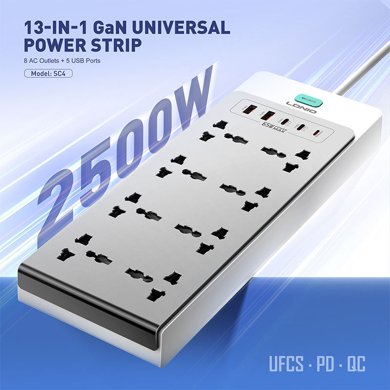 LDNIO SC4 Extension Sockets - 8 Way / 2 Meters / USB-A / USB-C / Lightning / Grey