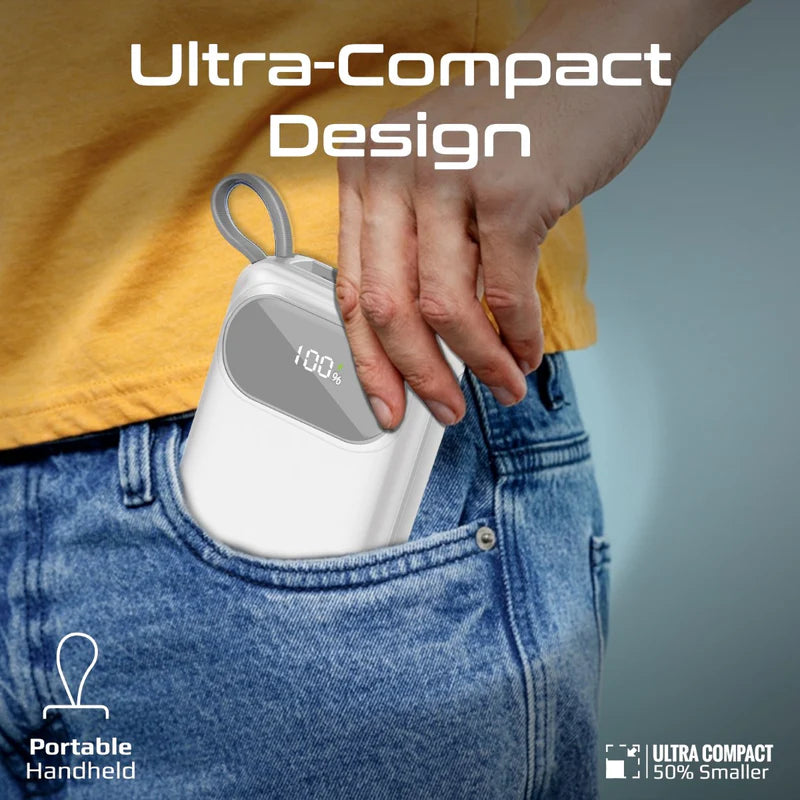 PROMATE PowerPod-20 Ultra Compact Power Bank with Built-In USB-C & Lightning Cable - 35W / USB-C / USB-A / White