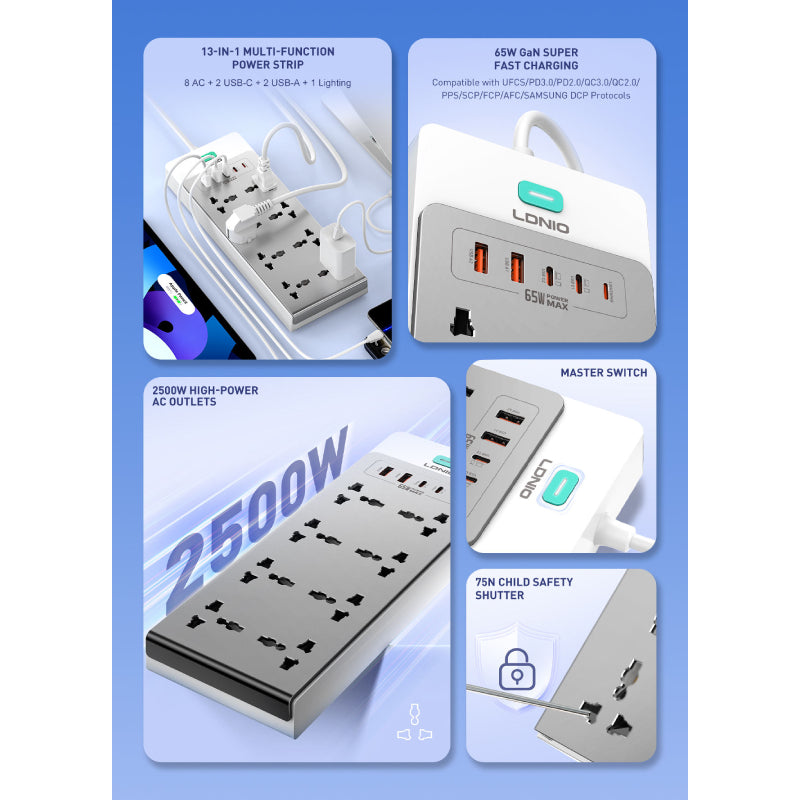 LDNIO SC4 Extension Sockets - 8 Way / 2 Meters / USB-A / USB-C / Lightning / Grey