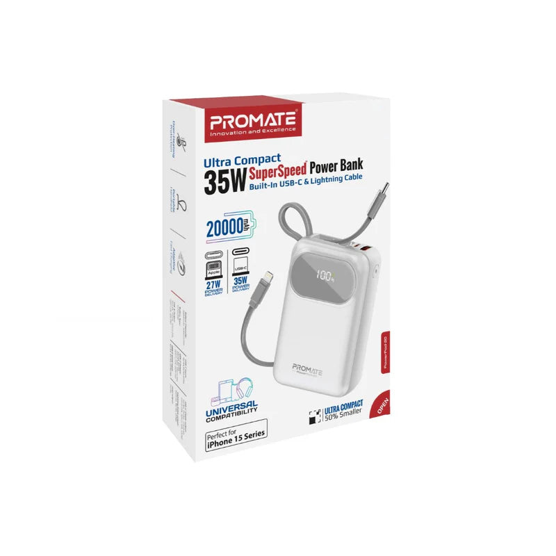 PROMATE PowerPod-20 Ultra Compact Power Bank with Built-In USB-C & Lightning Cable - 35W / USB-C / USB-A / White