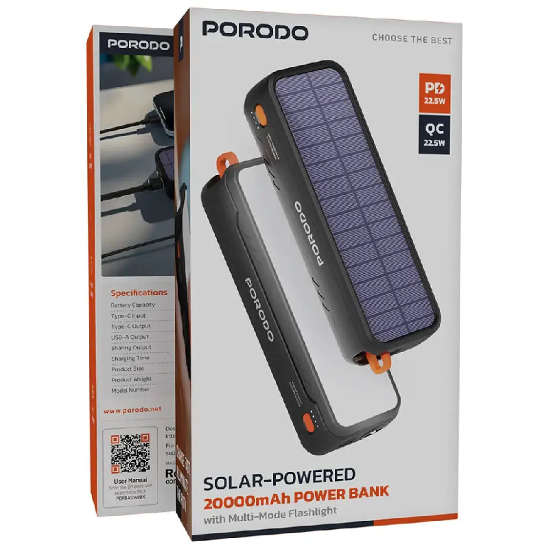 Porodo Solar Power Bank 20000 mAh - Black