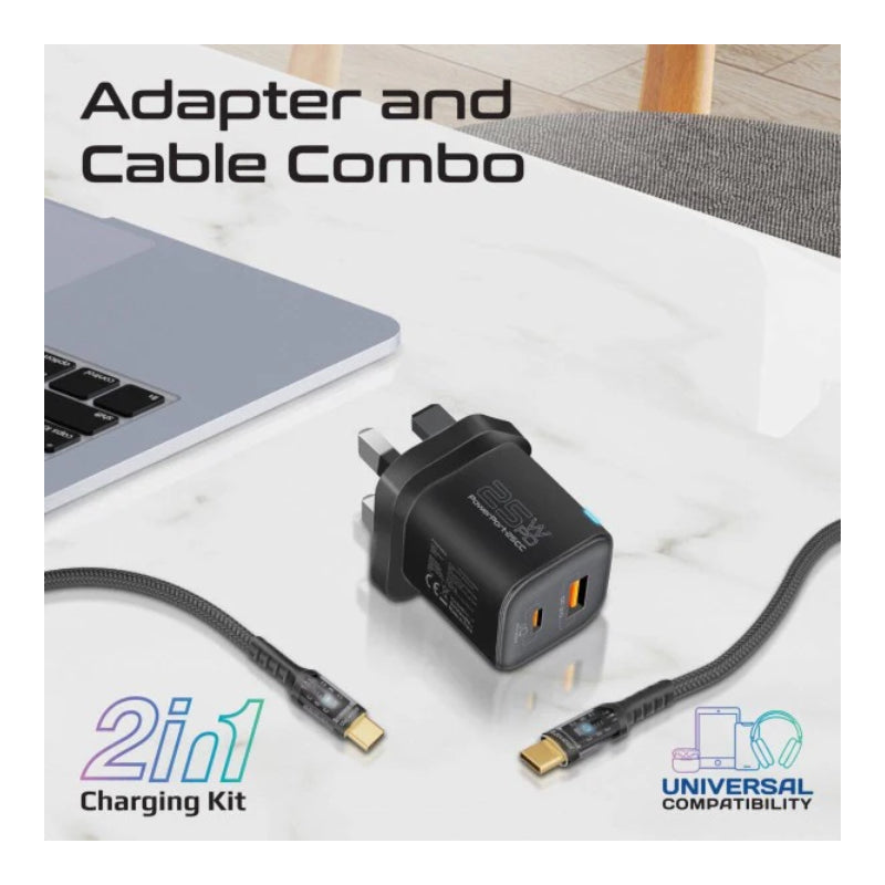 PROMATE Power Delivery Dual Port Adapter Combo with 60W USB-C Cable - USB-C / Black