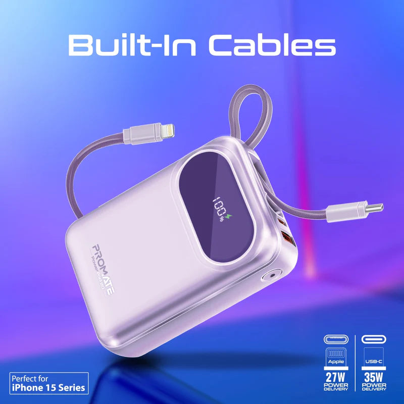 PROMATE PowerPod-20 Ultra Compact Power Bank with Built-In USB-C & Lightning Cable - 35W / USB-C / USB-A / Purple