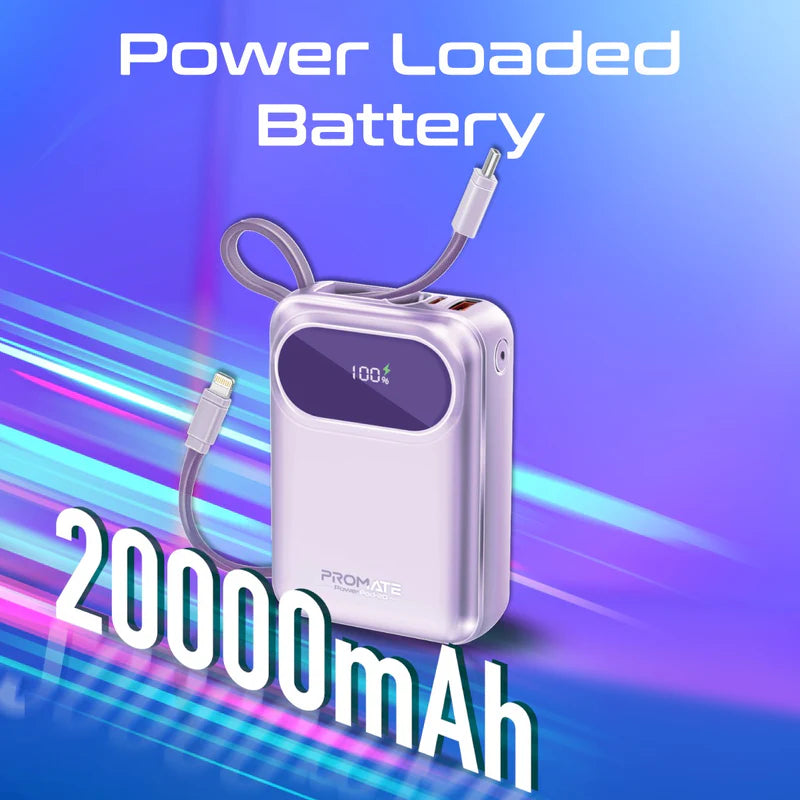 PROMATE PowerPod-20 Ultra Compact Power Bank with Built-In USB-C & Lightning Cable - 35W / USB-C / USB-A / Purple