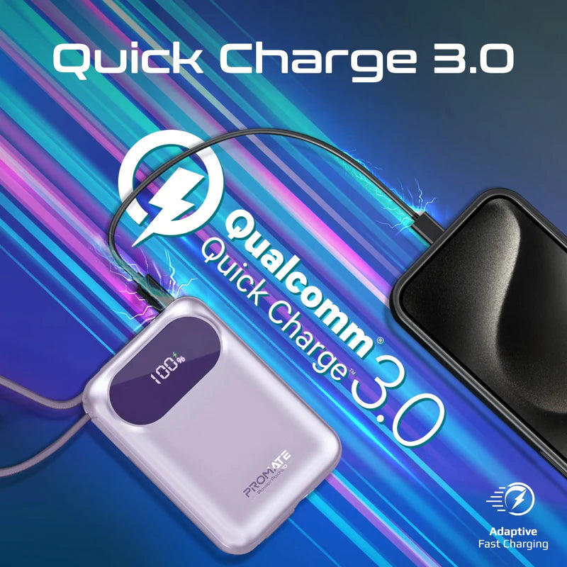 PROMATE PowerPod-20 Ultra Compact Power Bank with Built-In USB-C & Lightning Cable - 35W / USB-C / USB-A / Purple