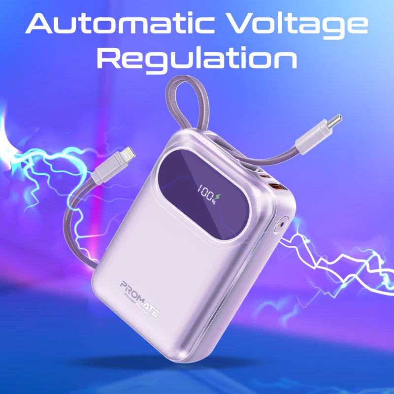 PROMATE PowerPod-20 Ultra Compact Power Bank with Built-In USB-C & Lightning Cable - 35W / USB-C / USB-A / Purple