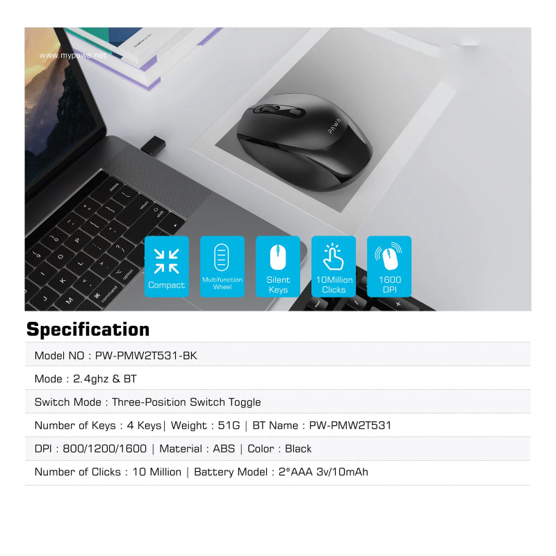 Pawa Wireless Mouse - 1600 DPI / Bluetooth / 2.4GHz / Black