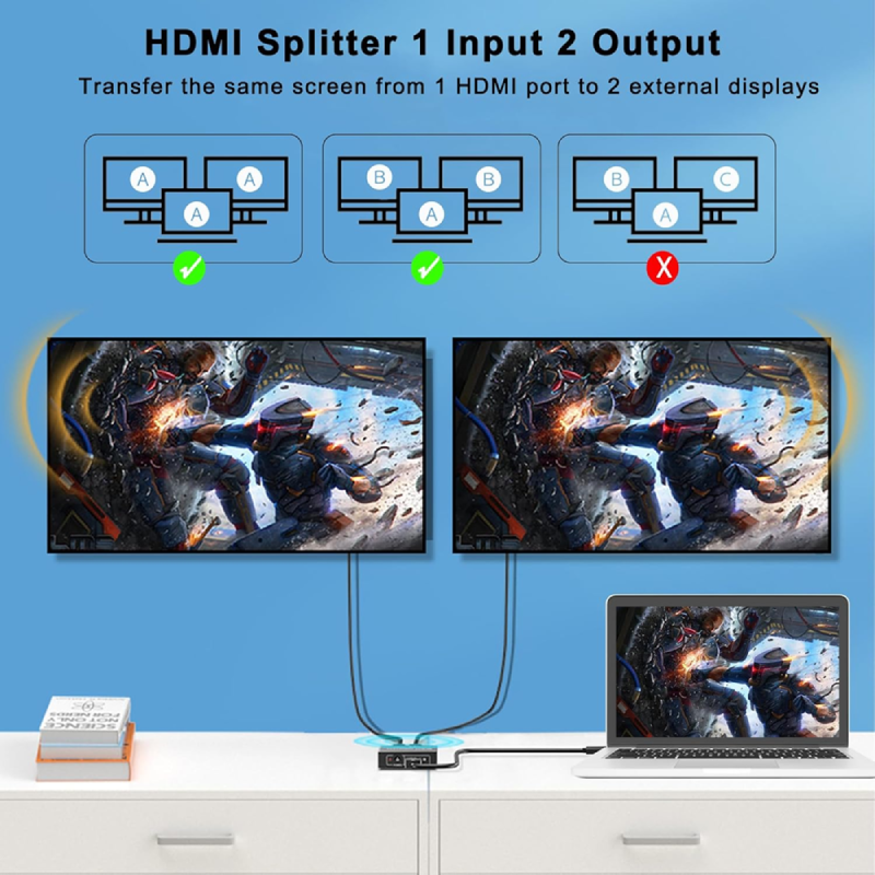 Jasoz G176 2-Port 1 in 2 out HDMI Splitter - Deep Space Grey