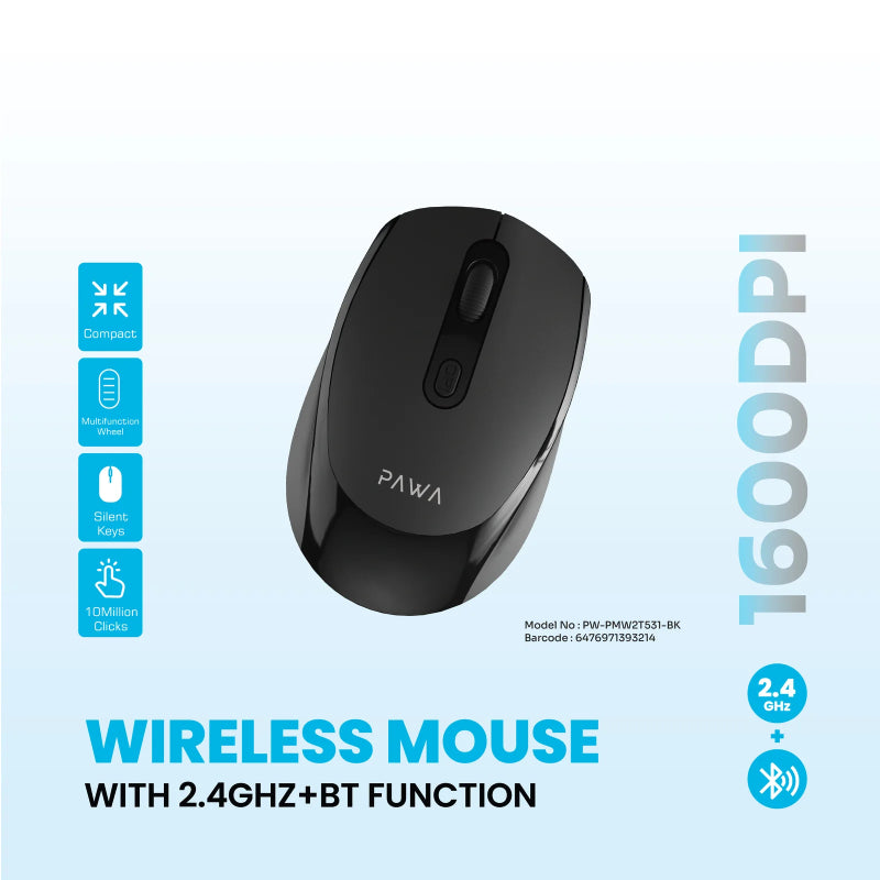 Pawa Wireless Mouse - 1600 DPI / Bluetooth / 2.4GHz / Black