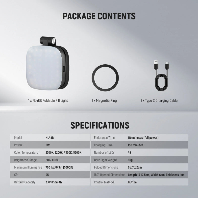 NEEWER BASICS NL48B Magnetic Selfie Light - 850mAh / USB-C / Black