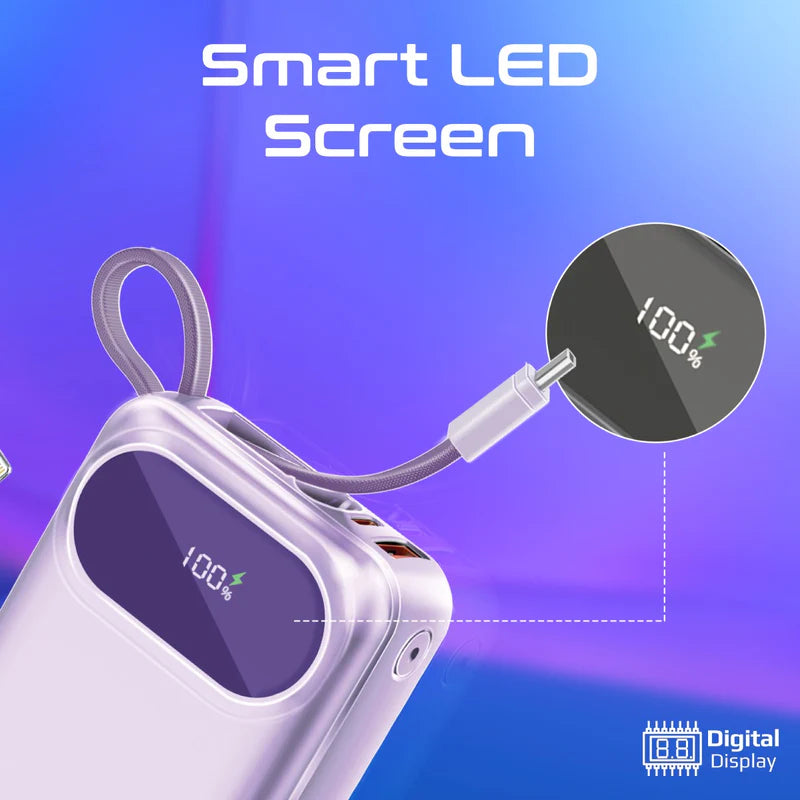 PROMATE PowerPod-20 Ultra Compact Power Bank with Built-In USB-C & Lightning Cable - 35W / USB-C / USB-A / Purple